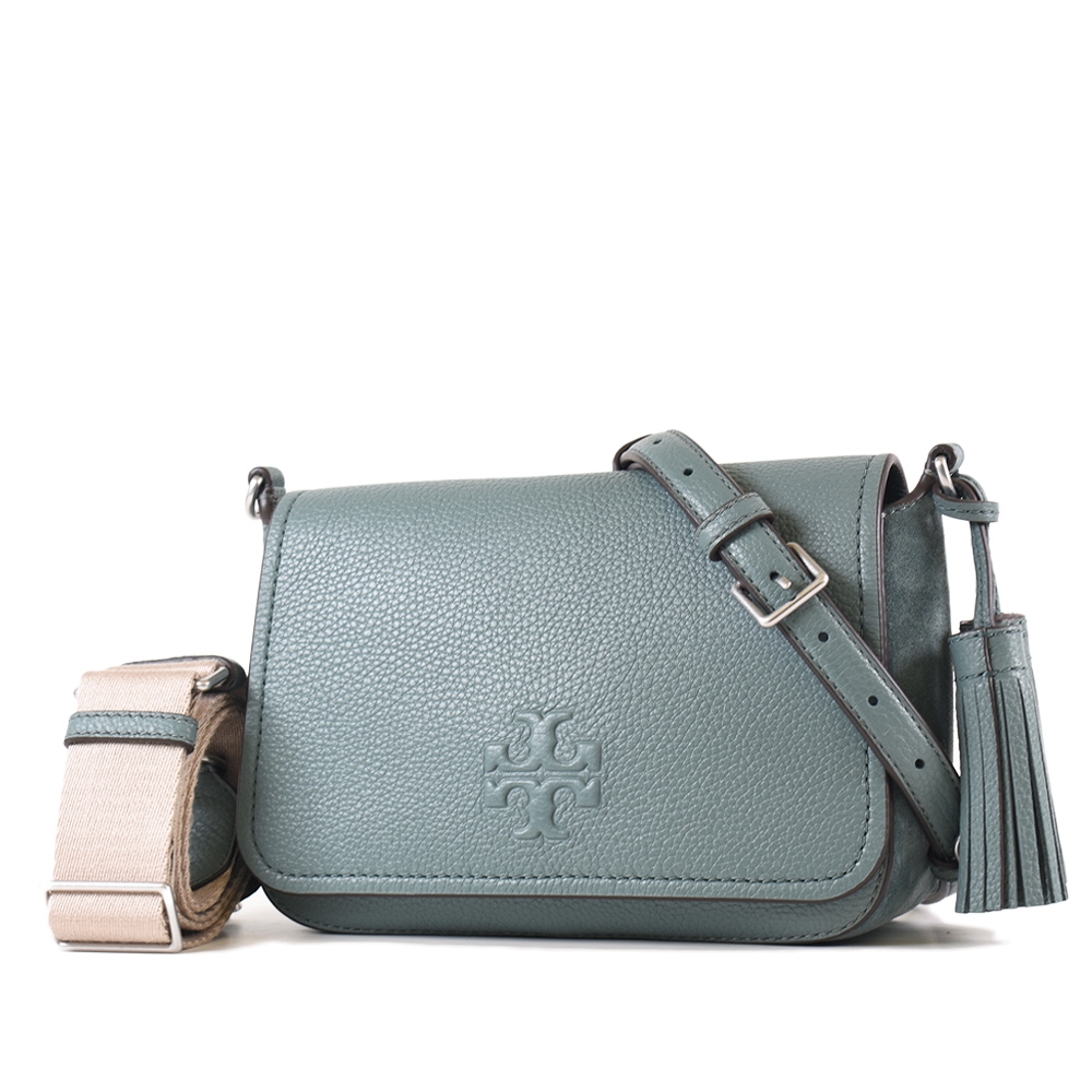 TORY BURCH THEA 荔枝紋流蘇雙背帶翻蓋斜背包-莫蘭迪綠