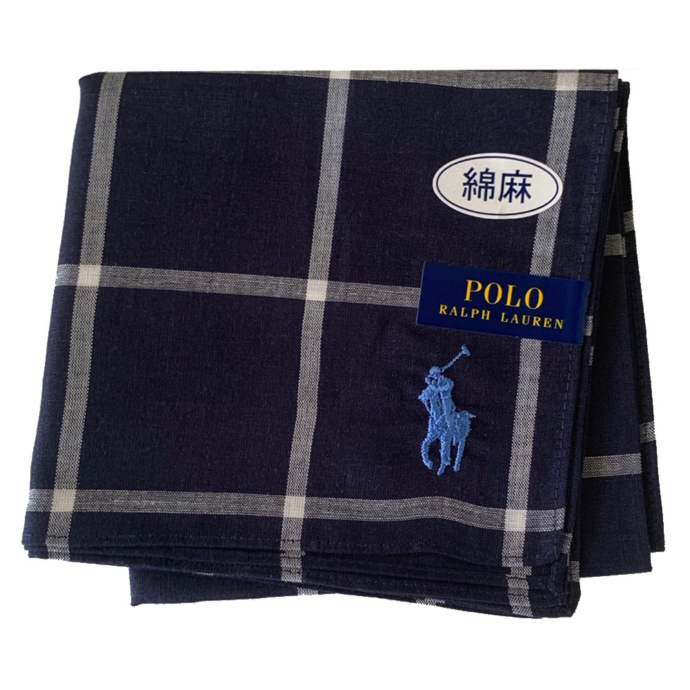 RALPH LAUREN POLO 正方格紋棉麻混紡品牌馬球刺繡LOGO帕領巾(深藍系