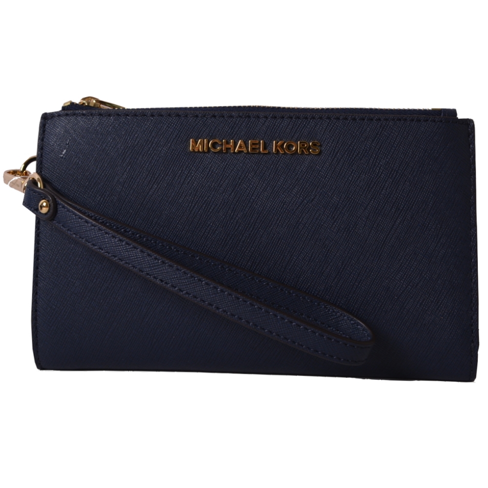 MICHAEL KORS JET SET金字LOGO防刮皮革雙層手拿長夾-深藍