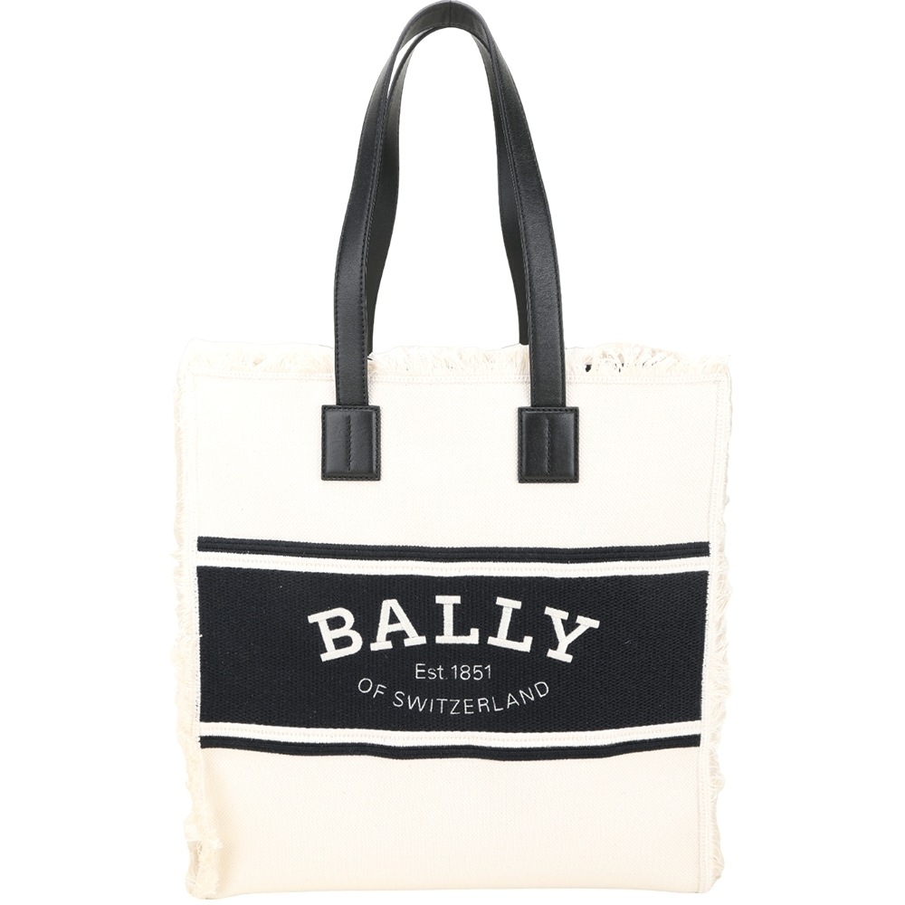 BALLY Crystalia 字母刺繡抽鬚飾邊直立式帆布托特包(米白x黑色)