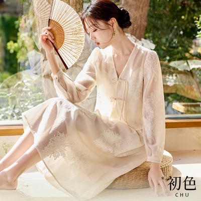 初色 中華風提花無袖吊帶連衣裙連身洋裝長洋裝+短版外套套裝-米色-32970(M-2XL可選)