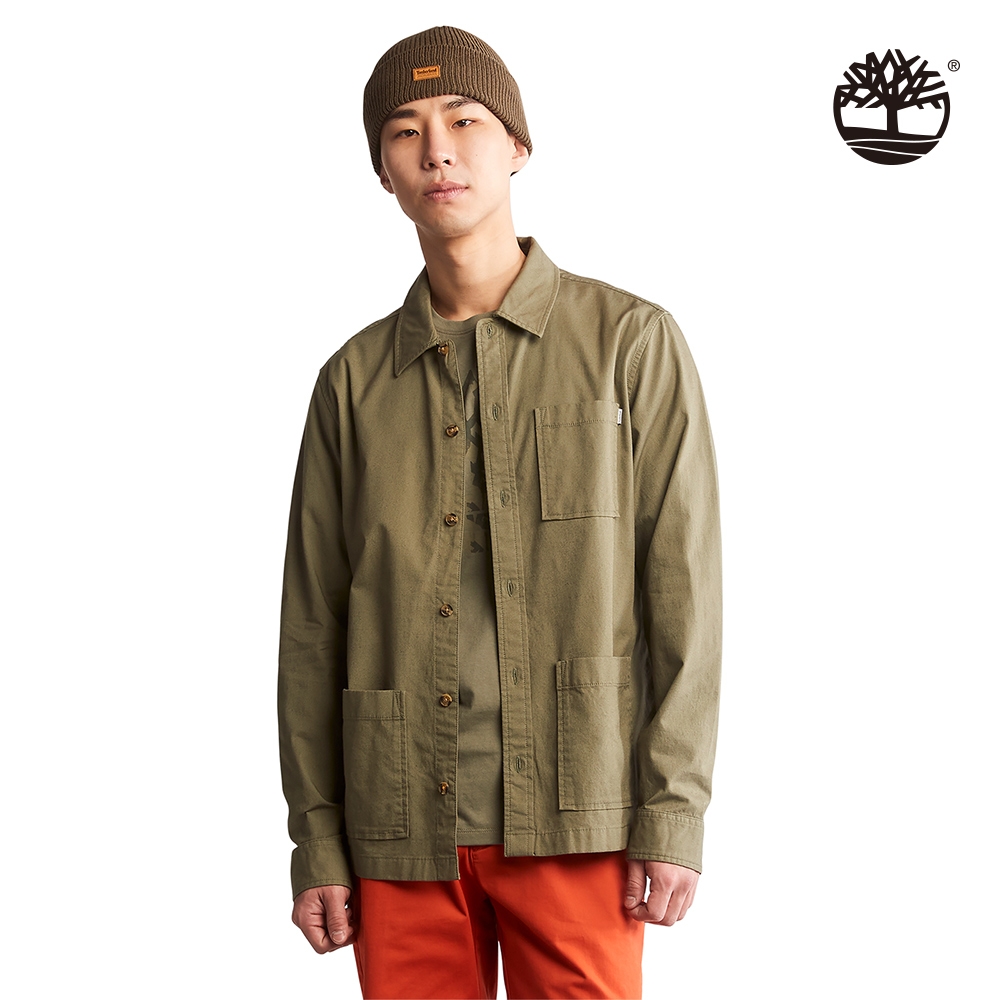 Timberland 男款灰綠色有機棉寬版多口袋長袖襯衫|A62E9590
