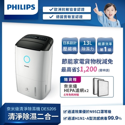 飛利浦PHILIPS 13L 1級抗敏清淨除濕機 DE5205