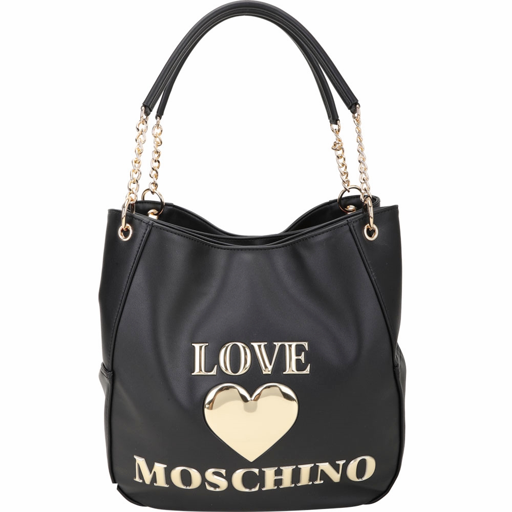 LOVE MOSCHINO 愛心金色字母鍊帶肩背托特包(黑色)