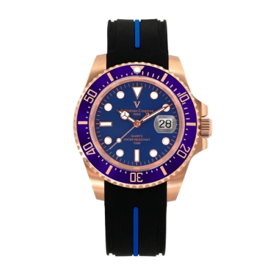 Valentino Coupeau 范倫鐵諾 古柏 陶瓷水鬼腕錶【玫瑰金色/藍面/橡膠】
