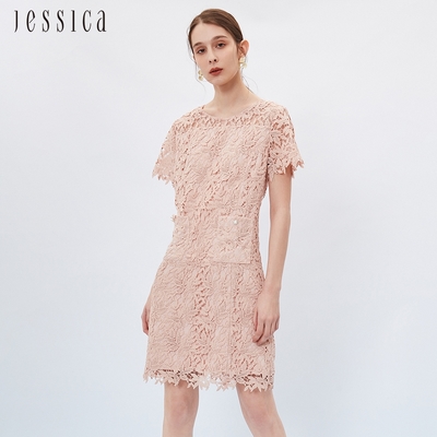 JESSICA - 高雅氣質花卉刺繡蕾絲短袖洋裝233178（粉）