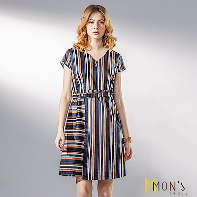 MONS 都會條紋修身拼接造型洋裝