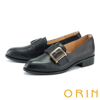 ORIN 皮帶金屬方釦牛皮低跟樂福鞋 黑色