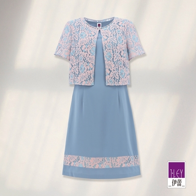 ILEY伊蕾 活力色系花朵繩股蕾絲假兩件洋裝(淺藍色；M-XL)1222037135