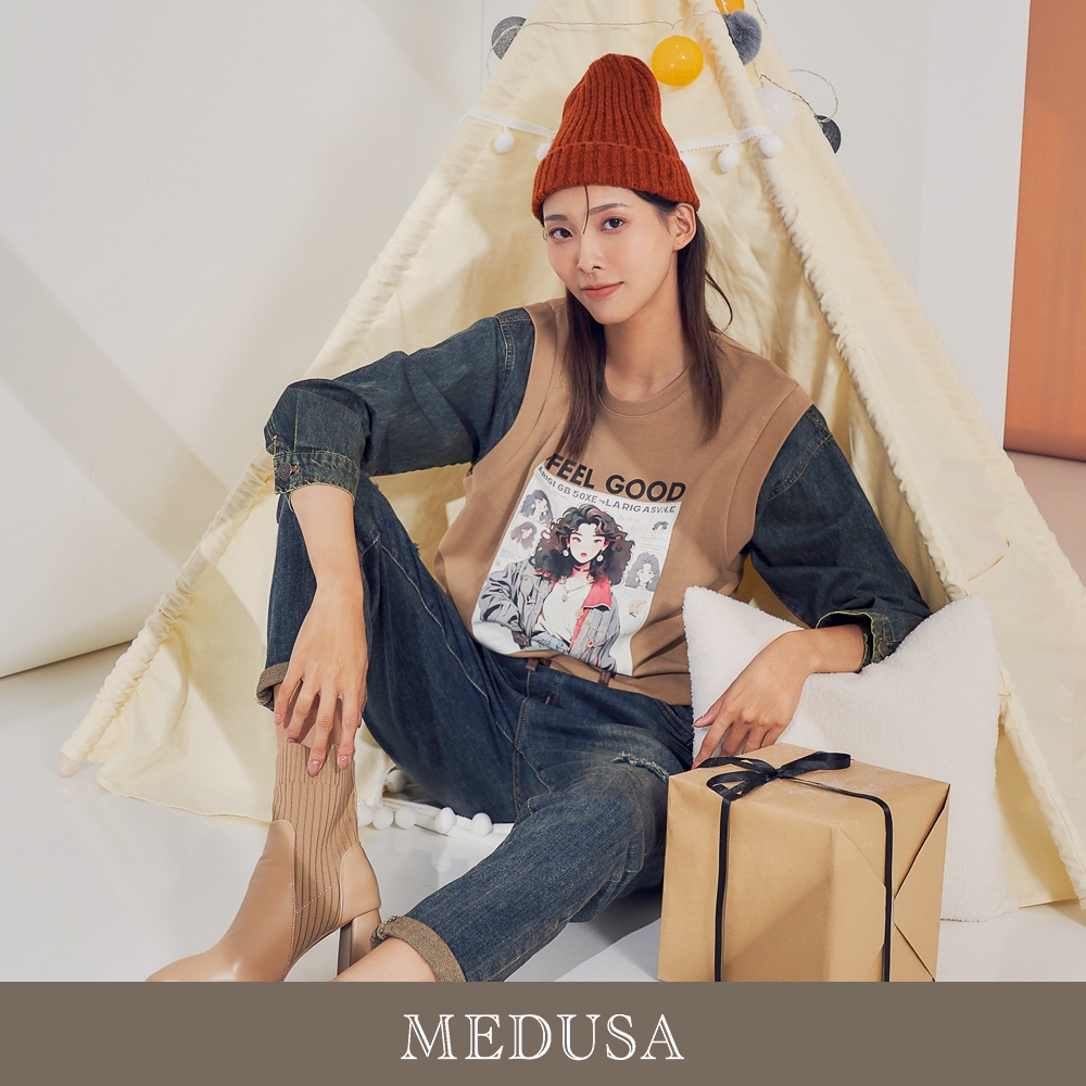 現貨【MEDUSA 曼度莎】I'care 漫畫風仿舊牛仔袖休閒上衣（F）｜女休閒上衣 長袖上衣 大學T