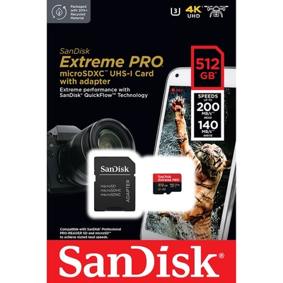 sandisk 512gb 200mb/s extreme pro u3 microsdxc uhs-i v30 a2 記憶卡