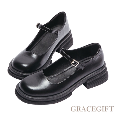 【Grace Gift】個性女孩平底瑪莉珍鞋 黑