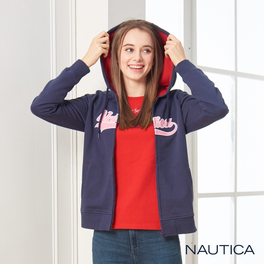 Nautica女裝經典LOGO磨毛連帽外套-深藍