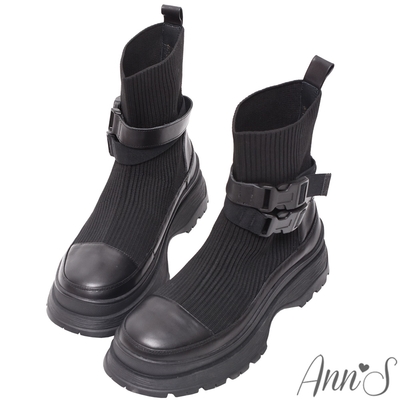 Ann’S運動風-雙扣帶真皮拼接彈力針織襪套短靴5cm-黑