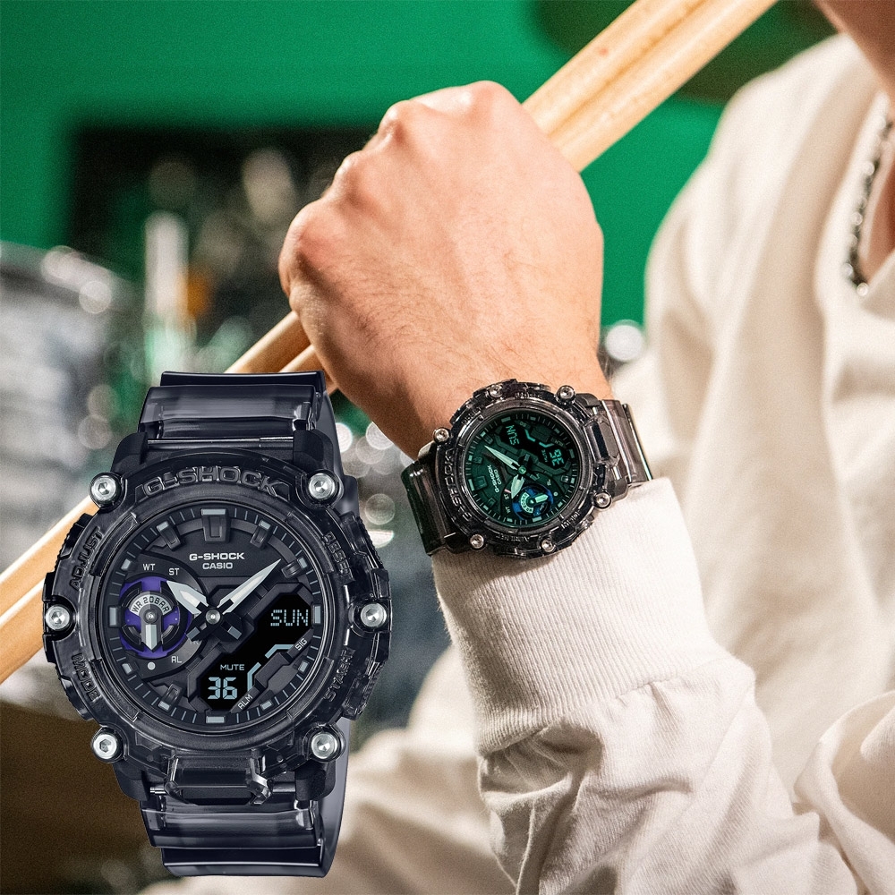 CASIO 卡西歐 G-SHOCK 炫彩音浪 碳核心防護構造雙顯手錶 送禮首選-酷灰黑 GA-2200SKL-8A