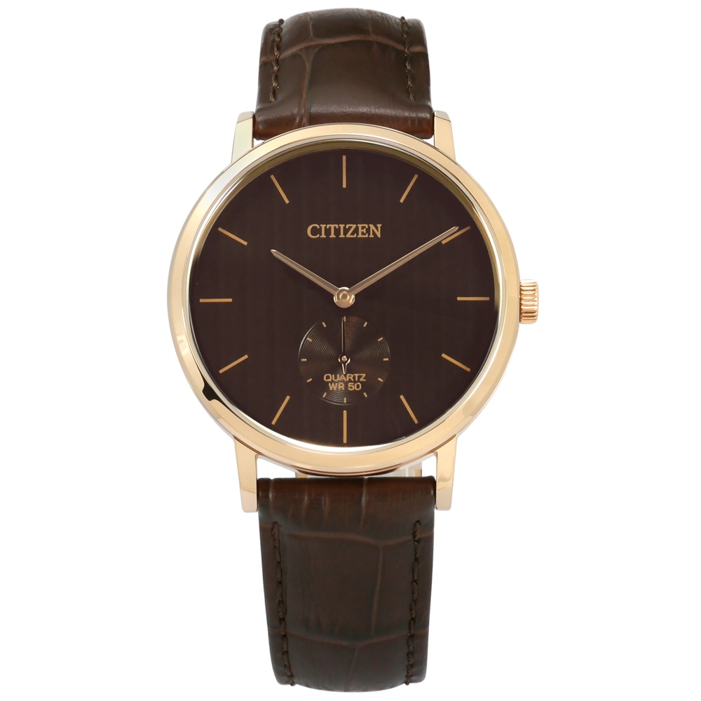 CITIZEN 獨立小秒針 礦石強化玻璃 日本機芯 壓紋真皮手錶-褐x玫瑰金/39mm