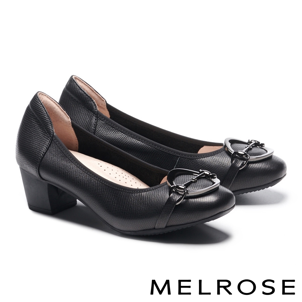 低跟鞋 MELROSE 復古時尚金屬飾釦蜥蜴紋全真皮低跟鞋－黑