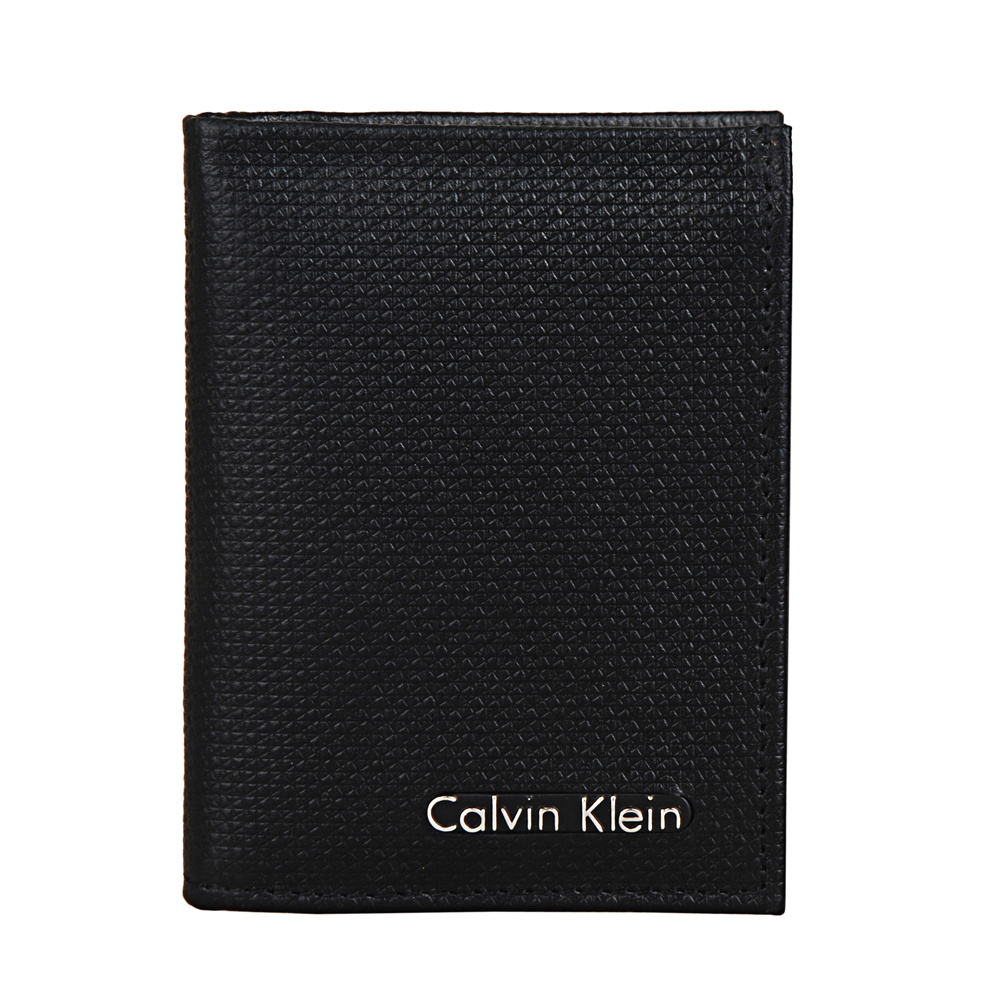 CK Calvin Klein 金屬LOGO品味皮革短夾(黑)