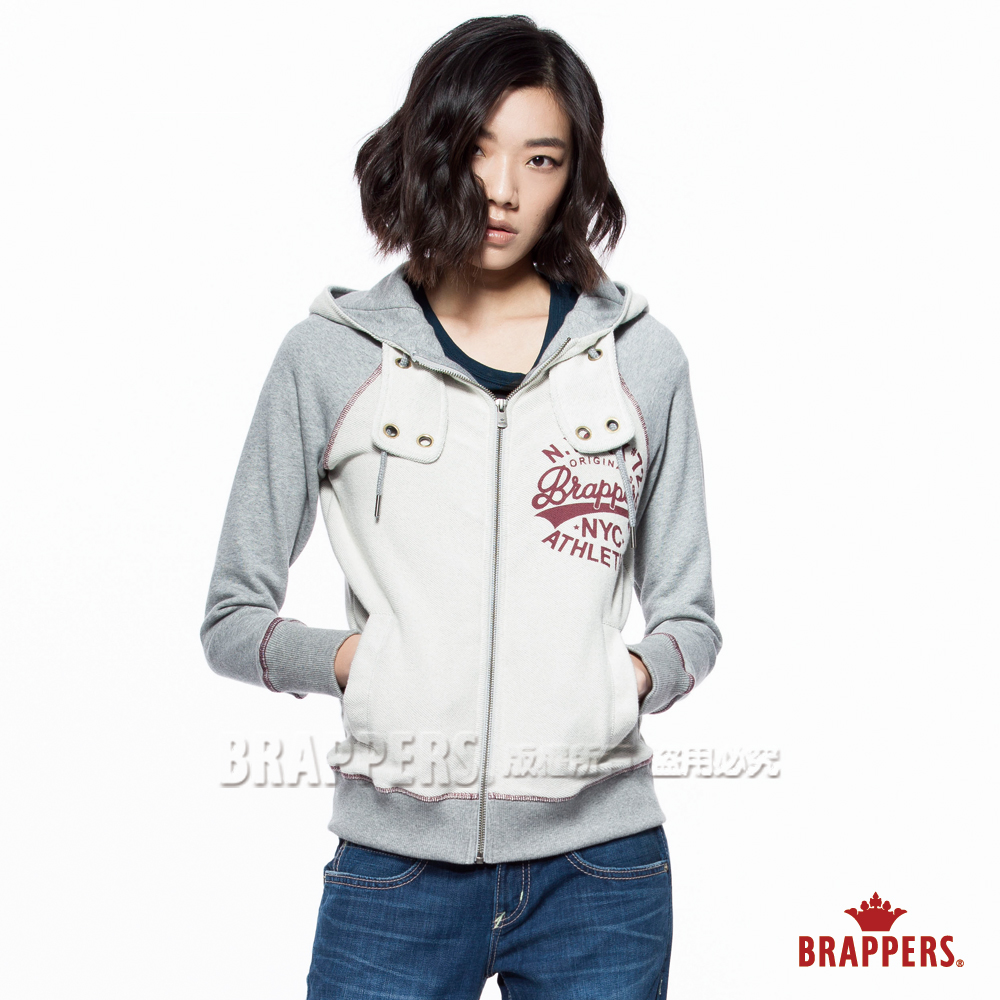 BRAPPERS 女款 雙色LOGO拉鍊休閒連帽外套-麻灰