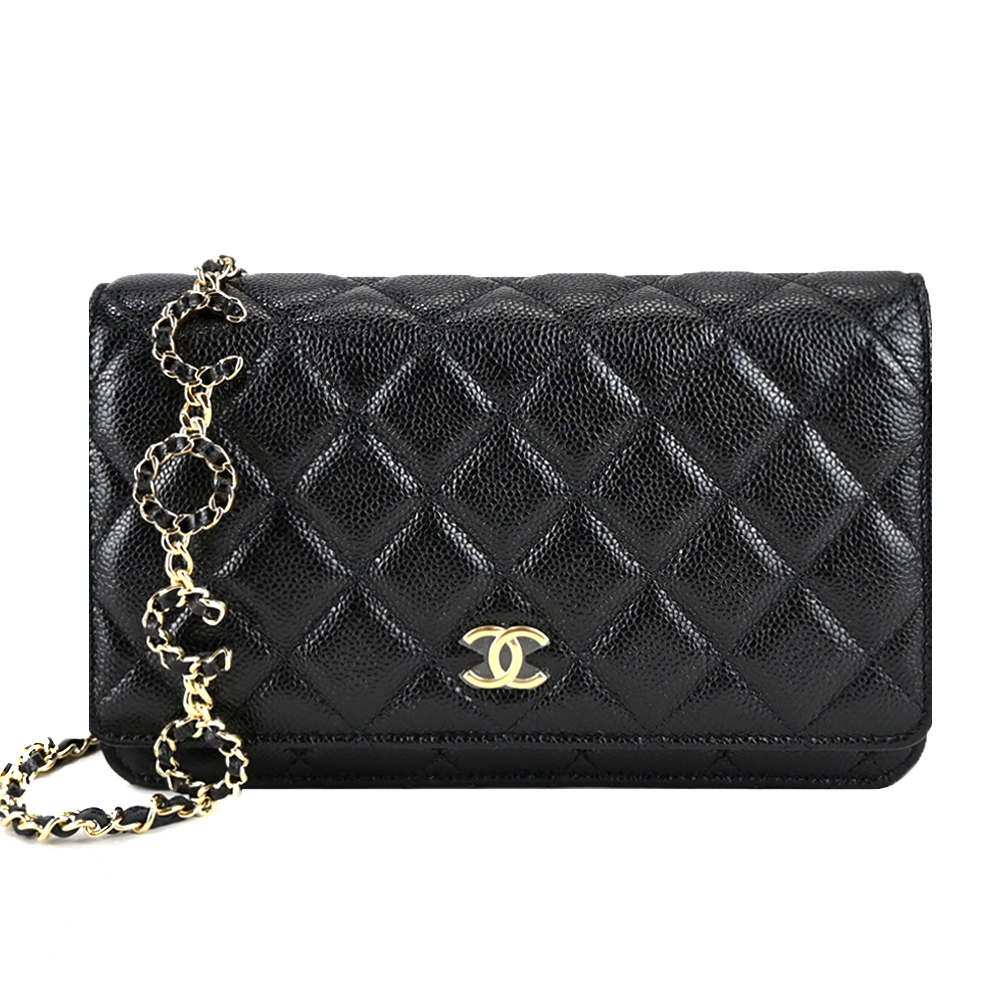 CHANEL  新款經典COCO 粒紋小牛皮LOGO飾邊背帶(黑色)