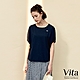 【Vita】棉質圓領側邊抓皺開岔微透膚上衣-深藍 product thumbnail 1