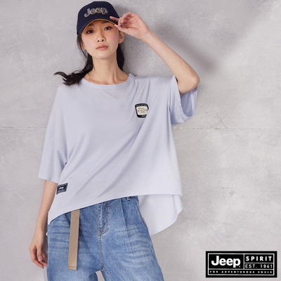 JEEP 女裝 天絲棉涼感寬版五分袖T恤 -水藍色