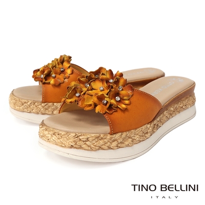 Tino Bellini 義大利進口牛皮渲染亮鑽花瓣厚底涼拖鞋-黃