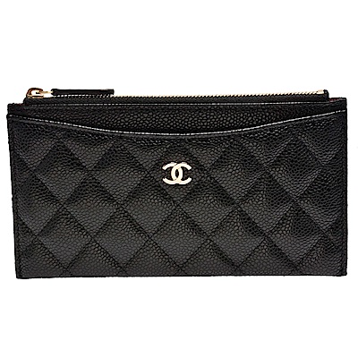 CHANEL 經典金色雙C LOGO菱格荔枝紋小牛皮手拿拉鍊長夾(黑)