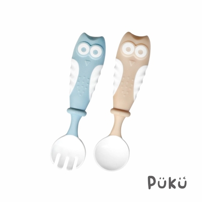 【PUKU藍色企鵝】樂彎學習湯叉組(附收納盒)(藍米)
