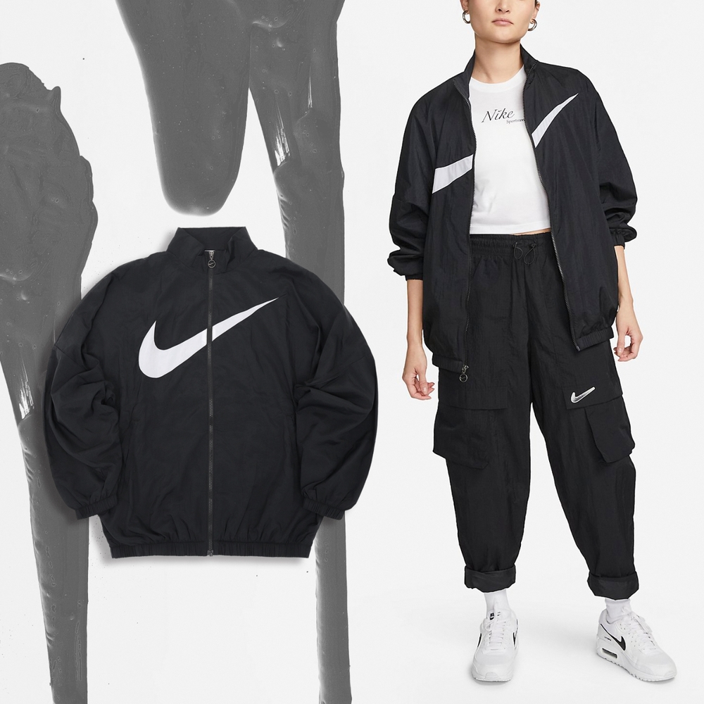 Nike 外套NSW Essential Jacket 女款黑寬鬆立領大勾休閒長袖風衣DX5865