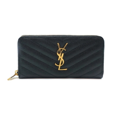 YSL Monogram魚子醬牛皮金logo拉鍊長夾(358094-黑)