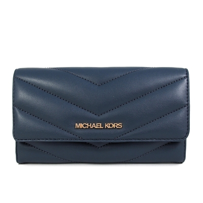 MICHAEL KORS Jet Set Travel 金字Logo山型紋绗縫三折壓扣式長夾(海軍藍)