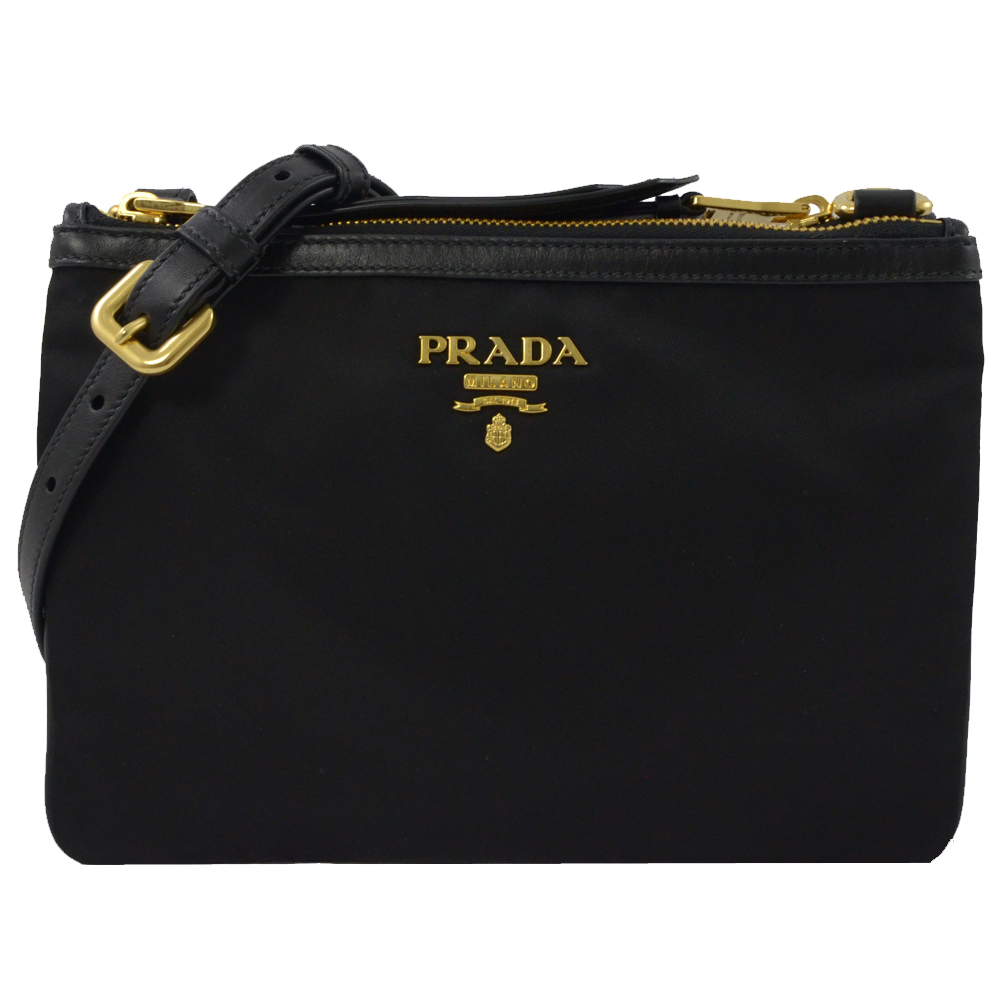 PRADA 金屬LOGO經典尼龍雙層斜背扁包(黑色)