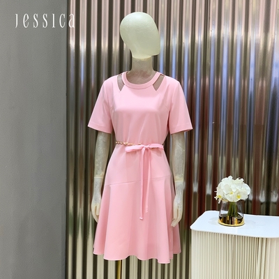 JESSICA - 氣質甜美收腰顯瘦鏤空圓領短袖洋裝22317A（粉）