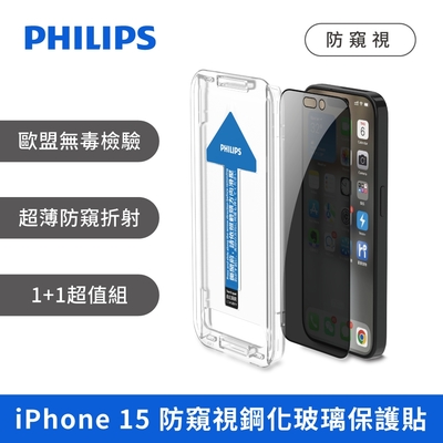 PHILIPS iPhone 15系列 防窺視鋼化玻璃保護貼-兩片超值組DLK5507/96~10