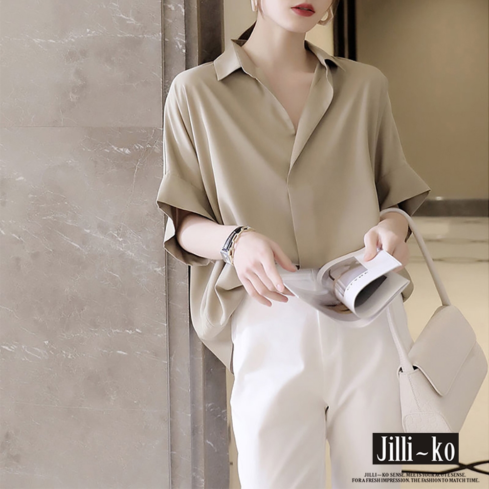 JILLI-KO 夏裝新款Chic質感通勤寬鬆顯瘦垂感襯衫- 卡其/白