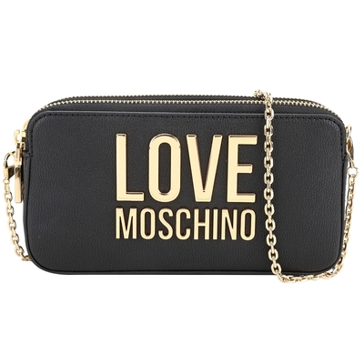 LOVE MOSCHINO 金字母荔紋皮可拆鍊帶斜背/手拿包(黑色)