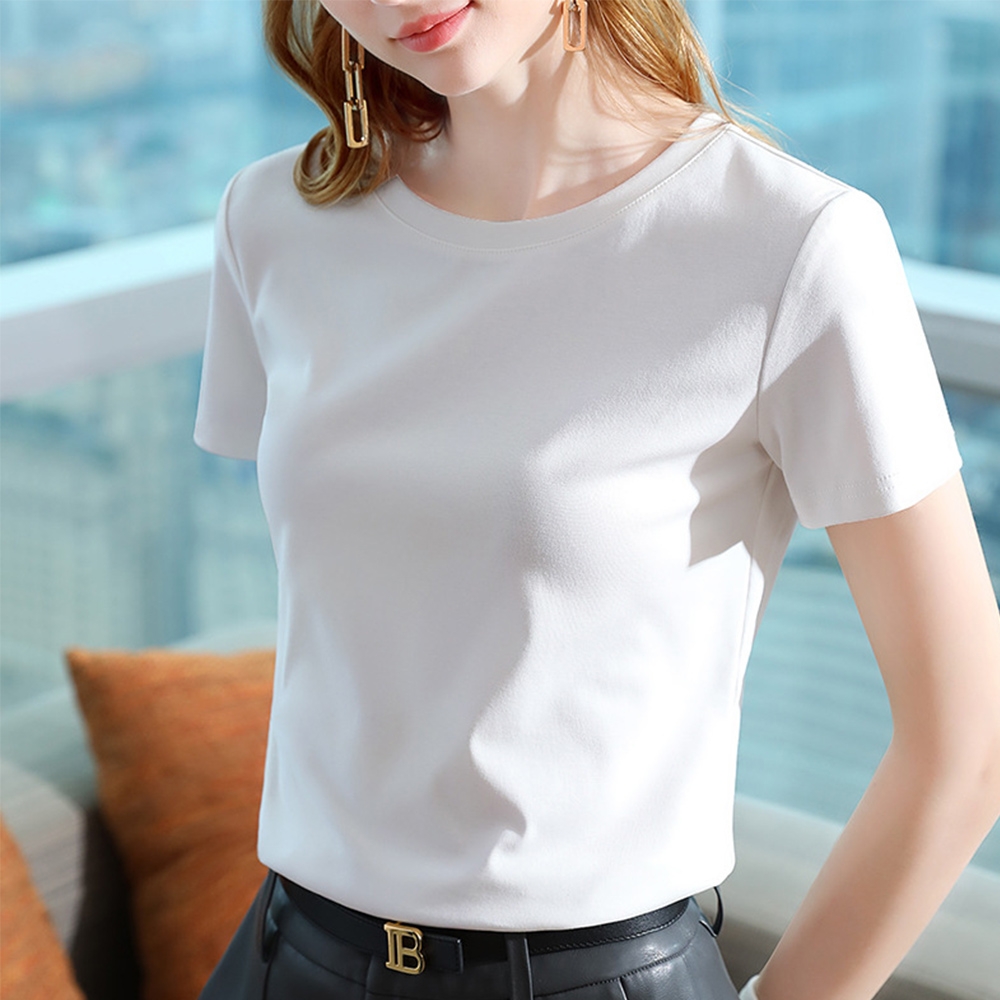 專注內搭-短袖T恤白色印花棉圓領收腰上衣(二色 S-3XL可選) (白色(素色))