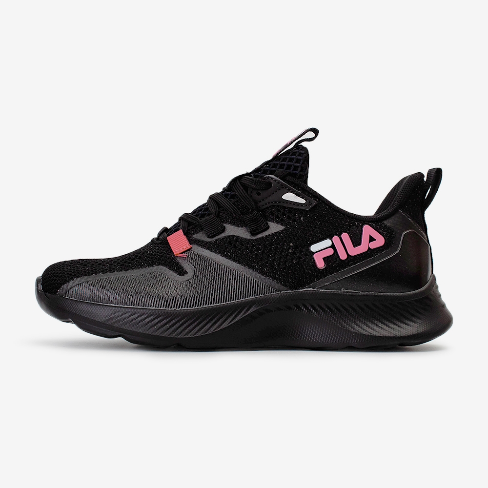 【FILA】CATCHER 女慢跑鞋 黑色 粉色LOGO 潮流復古 微厚大底 腿型修飾 織帶拉環(5-J314W-005)