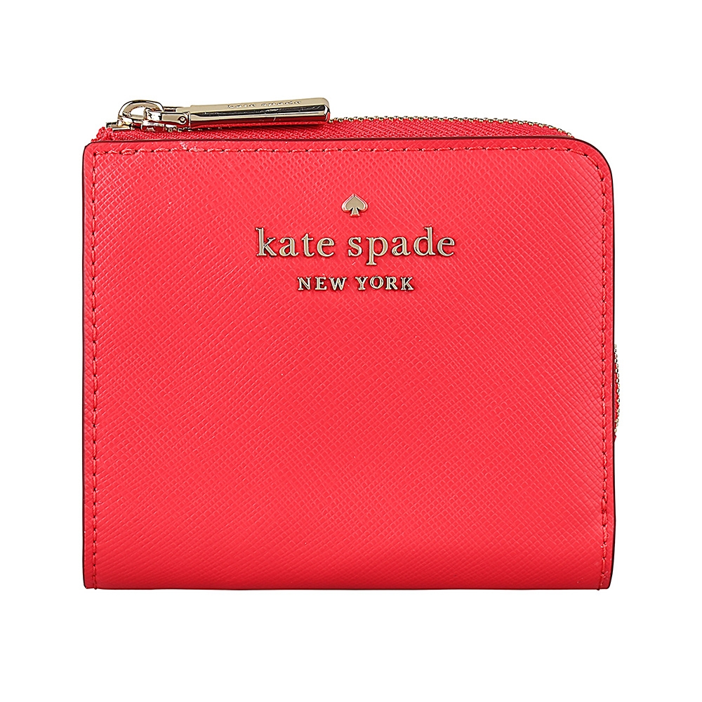 Kate Spade STACI金字LOGO十字紋牛皮6卡扣式短夾(紅)