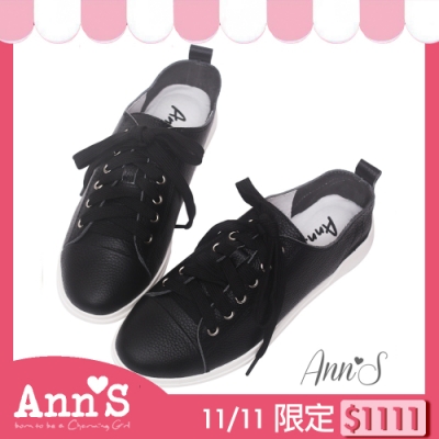 Ann’S第一代休閒舒適全真牛皮超軟綁帶小白鞋-黑