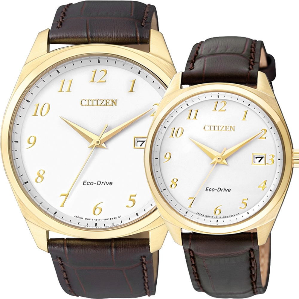 CITIZEN 星辰 Eco-Drive 光動能經典簡約對錶-金框x咖啡/42+35mm BM7322-06A+EO1172-05A