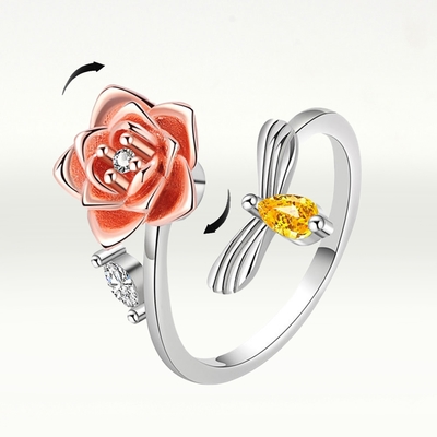I.Dear-正白K-花語蜜蜂-韓國網紅款INS風花朵蜜蜂旋轉紓壓鑲鑽開口銀戒指