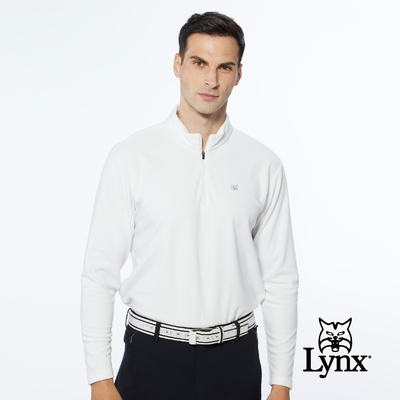 【Lynx Golf】男款吸排功能舒適外刷毛設計素面山貓LOGO長袖立領POLO衫-白色