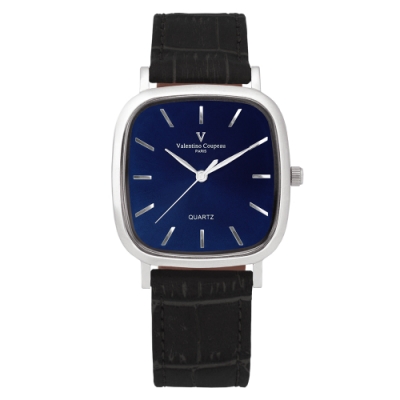 Valentino Coupeau 范倫鐵諾 古柏 經典方型腕錶35mm(銀殼/藍面/黑帶)