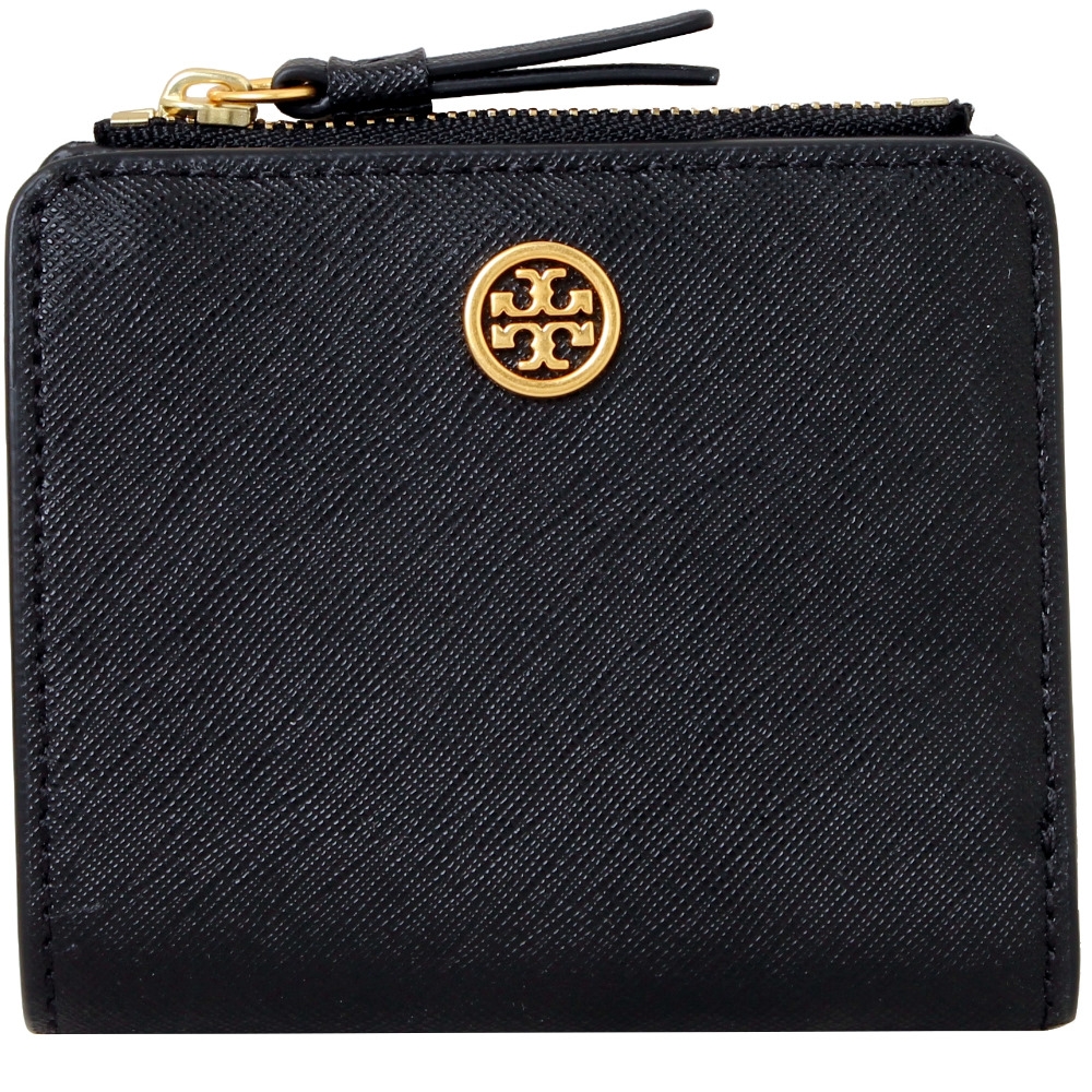 TORY BURCH ROBINSON 金屬LOGO小圓標釦式短夾-經典黑