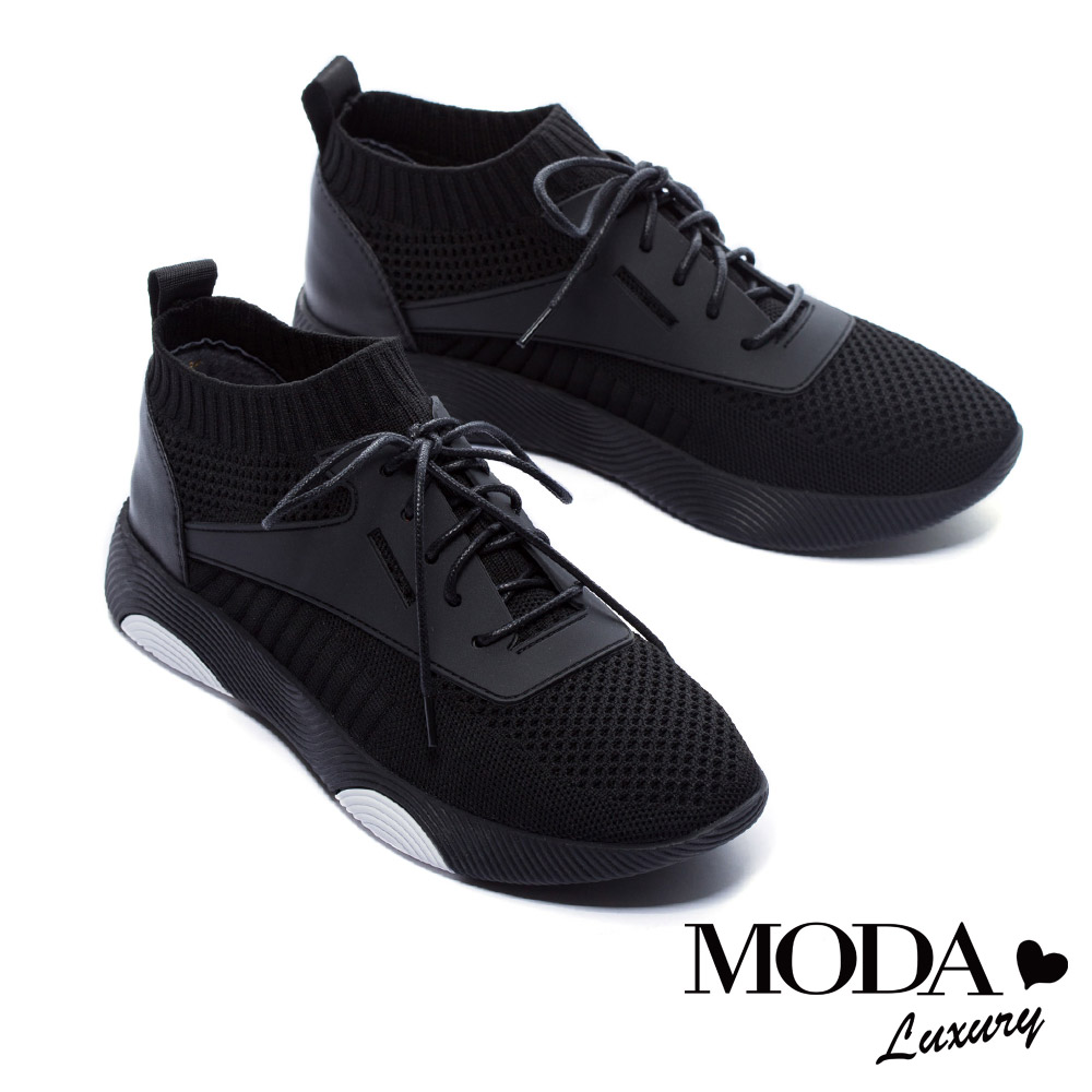 休閒鞋 MODA Luxury 潮流線條異材質拼接厚底休閒鞋－黑