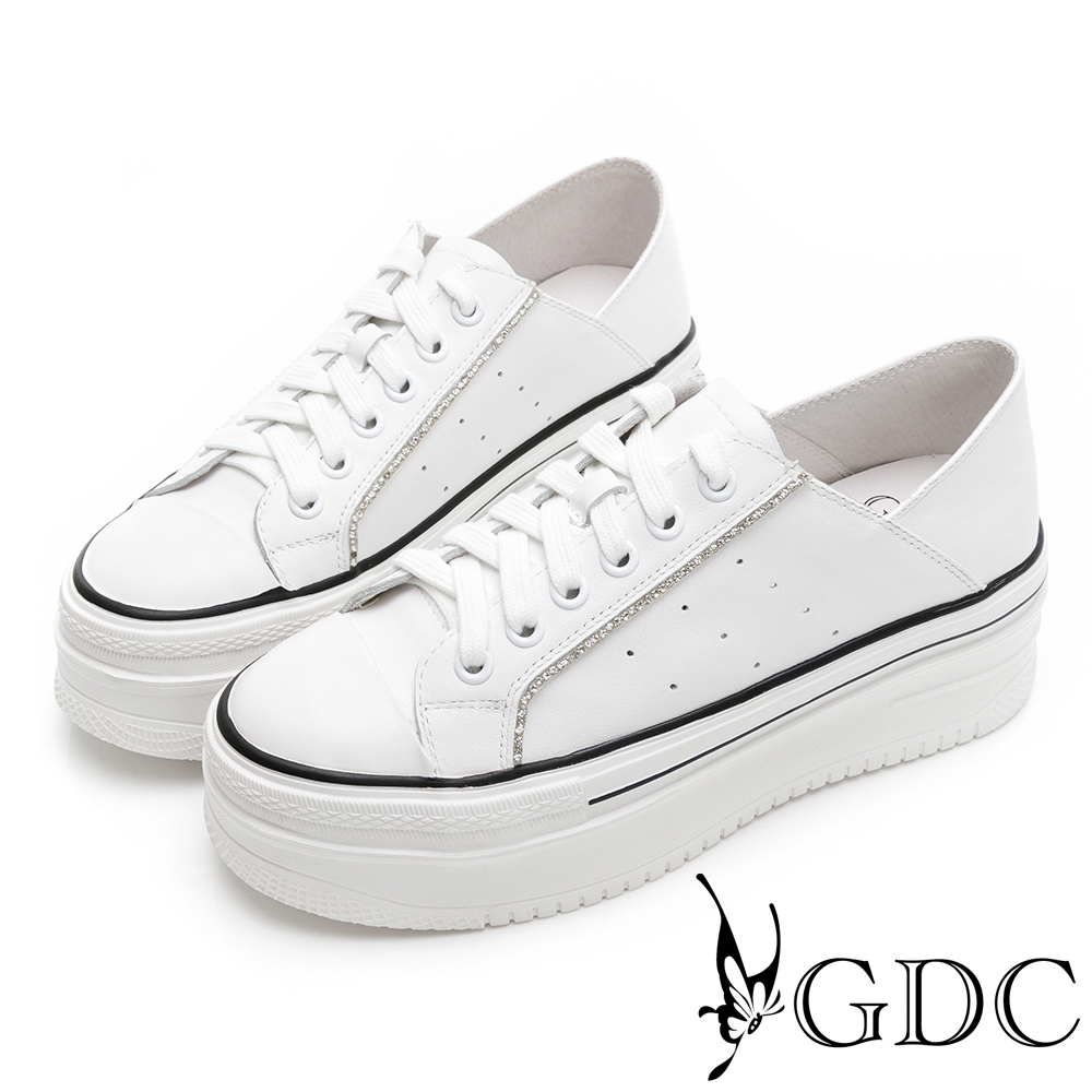 GDC-運動風真皮側車線撞色兩穿式綁帶厚底休閒鞋-白色