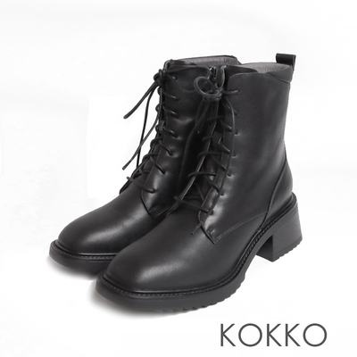 KOKKO性格方頭鋸齒大底綁帶拉鏈雙設計靴素面黑
