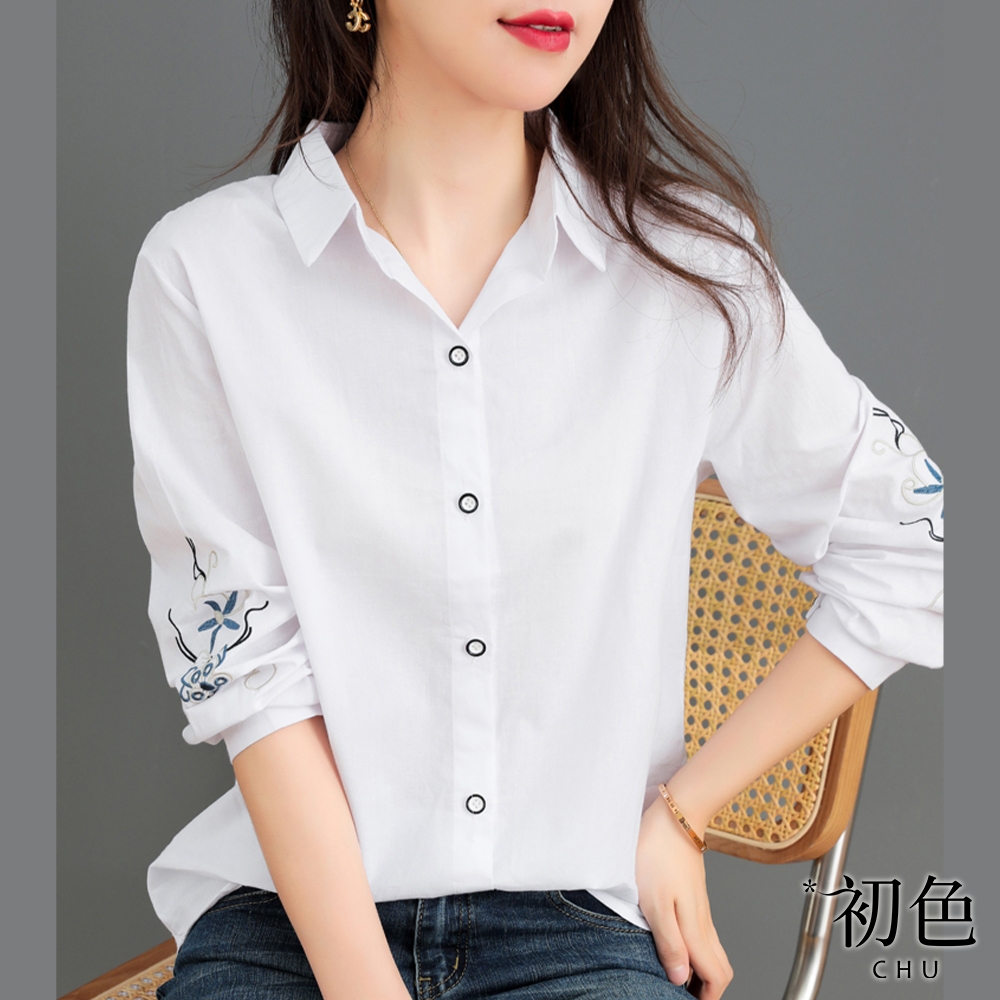 初色  修身顯瘦刺繡裝飾翻領長袖襯衫-白色-63321(M-2XL可選)